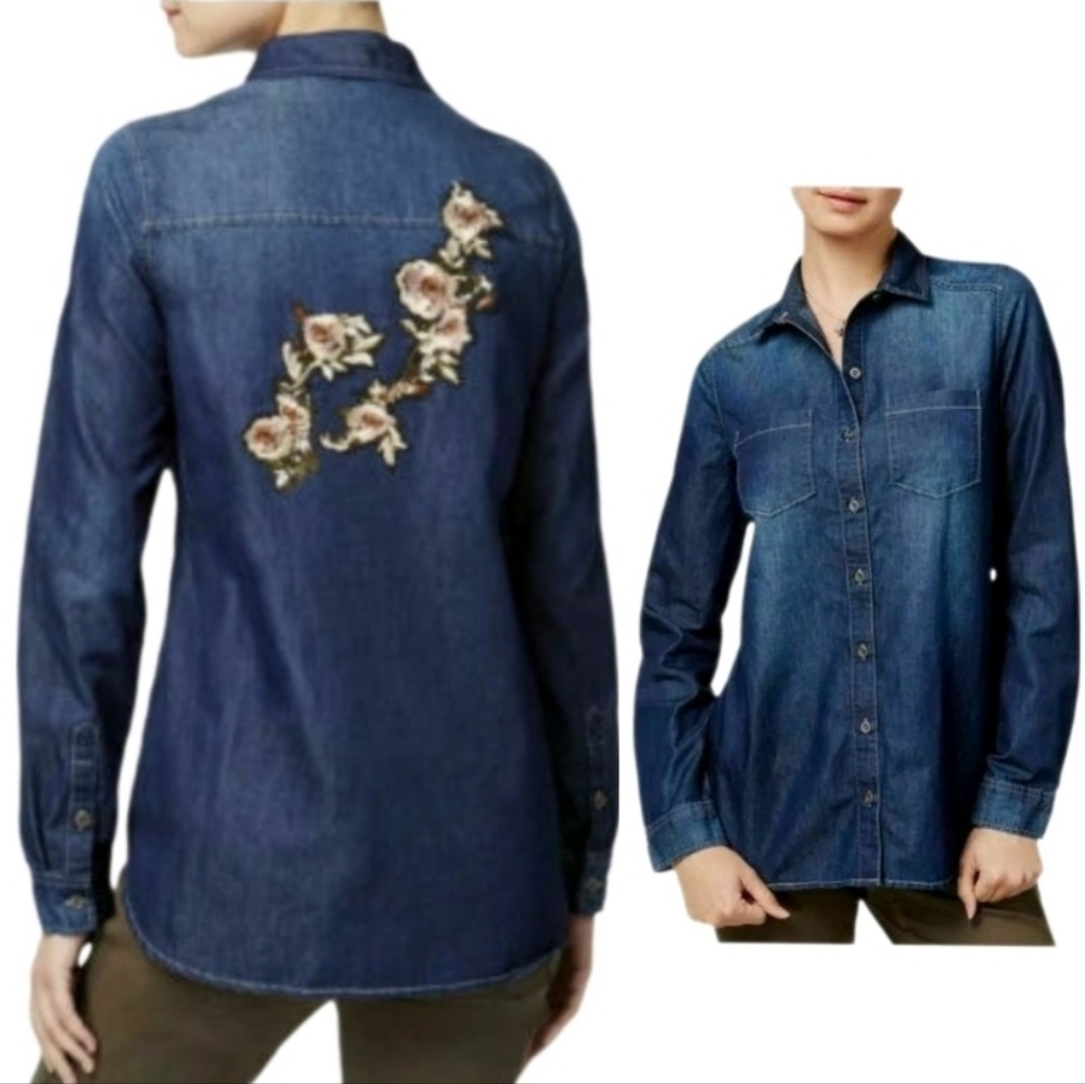 Polly & Esther Chambray Floral Embroidered Long Sleeve Shirt Blue Size M